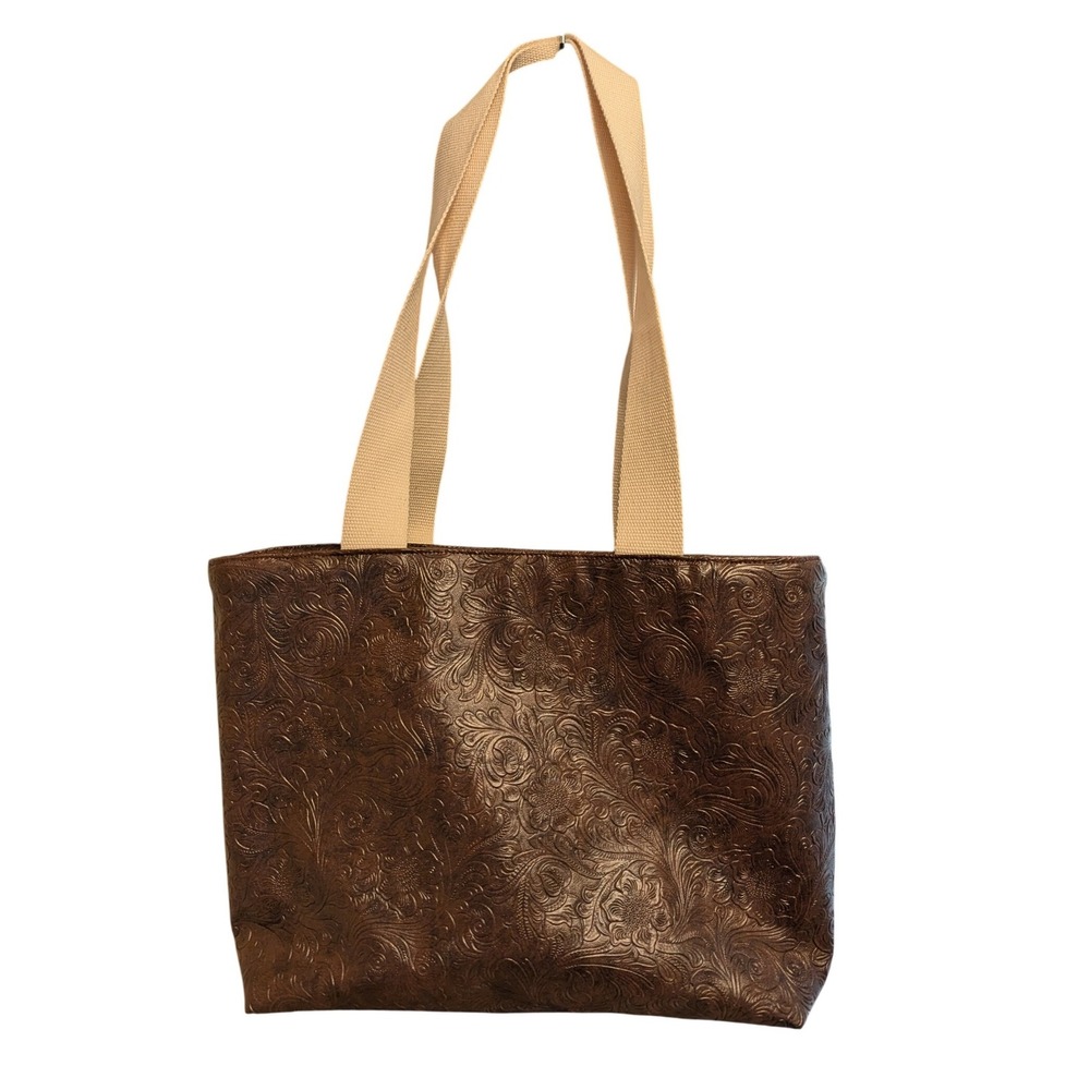 Henry Glass & Co Brown Embossed Floral Western Tote Bag Canvas Straps Zipper Top